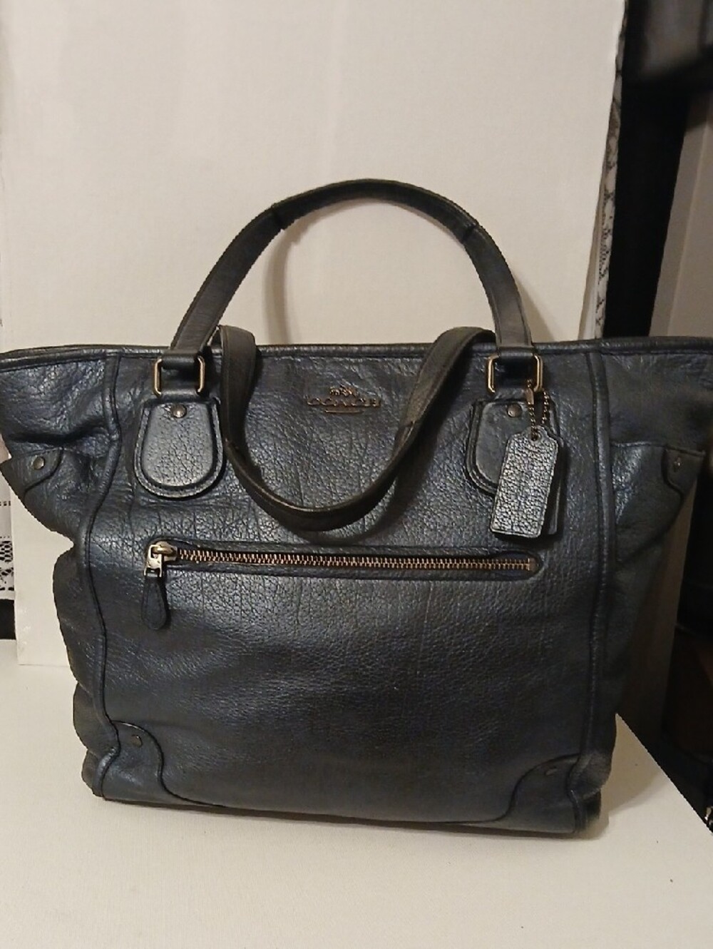 Coach Smoky Blue Leather Tote with Front Zip Pocket